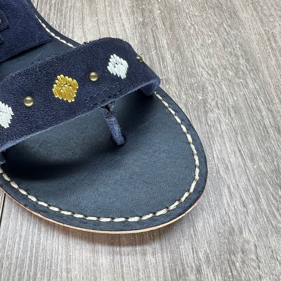 Soludos Embroidered Three Banded Flat Sandals Womens 8 Ankle Zip Suede Navy Blue - Picture 7 of 10